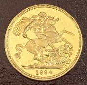 ROYAL MINT 1994 GOLD PROOF SOVEREIGN - 8grms, in protective plastic capsule, original box with