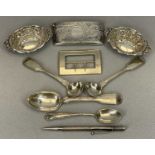 SMALL SILVER - 9 pieces to include a chase decorated, slightly curved, calling card case, Birmingham
