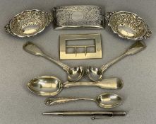 SMALL SILVER - 9 pieces to include a chase decorated, slightly curved, calling card case, Birmingham