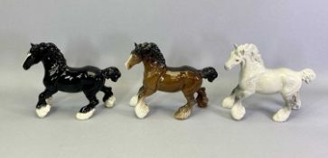 BESWICK TROTTING SHIRE HORSES (3) - black, brown bay and grey gloss, 21cms H