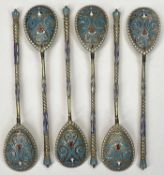 RUSSIAN IMPERIAL SILVER GILT & ENAMEL TEASPOONS - a set of 6, 84 Kokoshnik mark for 1899-1908,