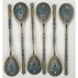 RUSSIAN IMPERIAL SILVER GILT & ENAMEL TEASPOONS - a set of 6, 84 Kokoshnik mark for 1899-1908,