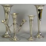 SILVER TRUMPET VASES, A PAIR & ONE OTHER along with a triple trumpet style table epergne,