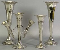 SILVER TRUMPET VASES, A PAIR & ONE OTHER along with a triple trumpet style table epergne,