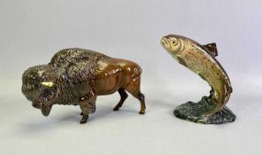 BESWICK BISON - brown gloss finish, 23cms L and a Beswick leaping trout, Model No 1032, 17cms H