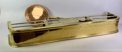 VICTORIAN BRASS FENDER with pierced top and rounded corners, 17cms H, 121cms W and a copper