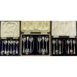 CASED HALLMARKED SILVER SETS OF SIX TEASPOONS (3) - to include a set of six with shell handle