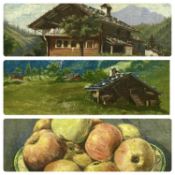 MONOGRAMMED C H watercolours, a pair - Tyrolean landscapes with buildings, 20 x 29cms and an oil