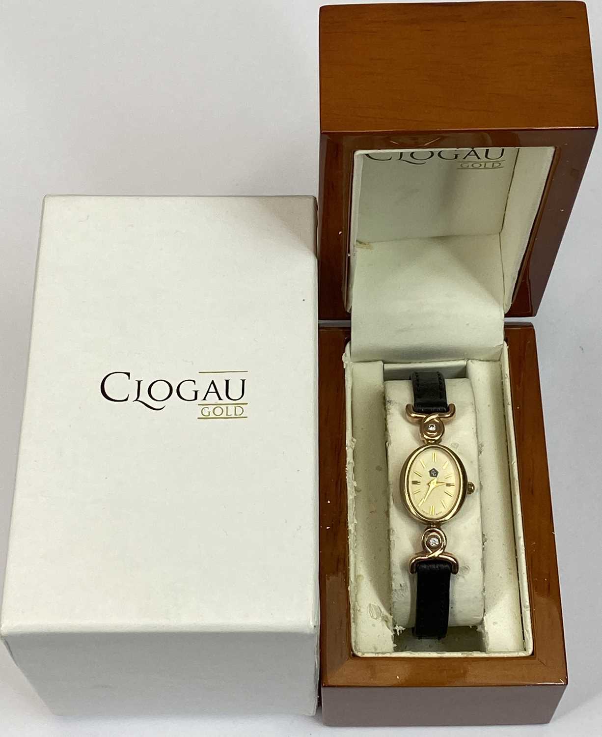 CLOGAU 9CT YELLOW & ROSE GOLD LADY'S WRISTWATCH - on black leather strap, with original display - Image 3 of 3