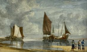 SAMUEL OWEN watercolour - boats and fishermen at the shore, unsigned, 25 x 40cms