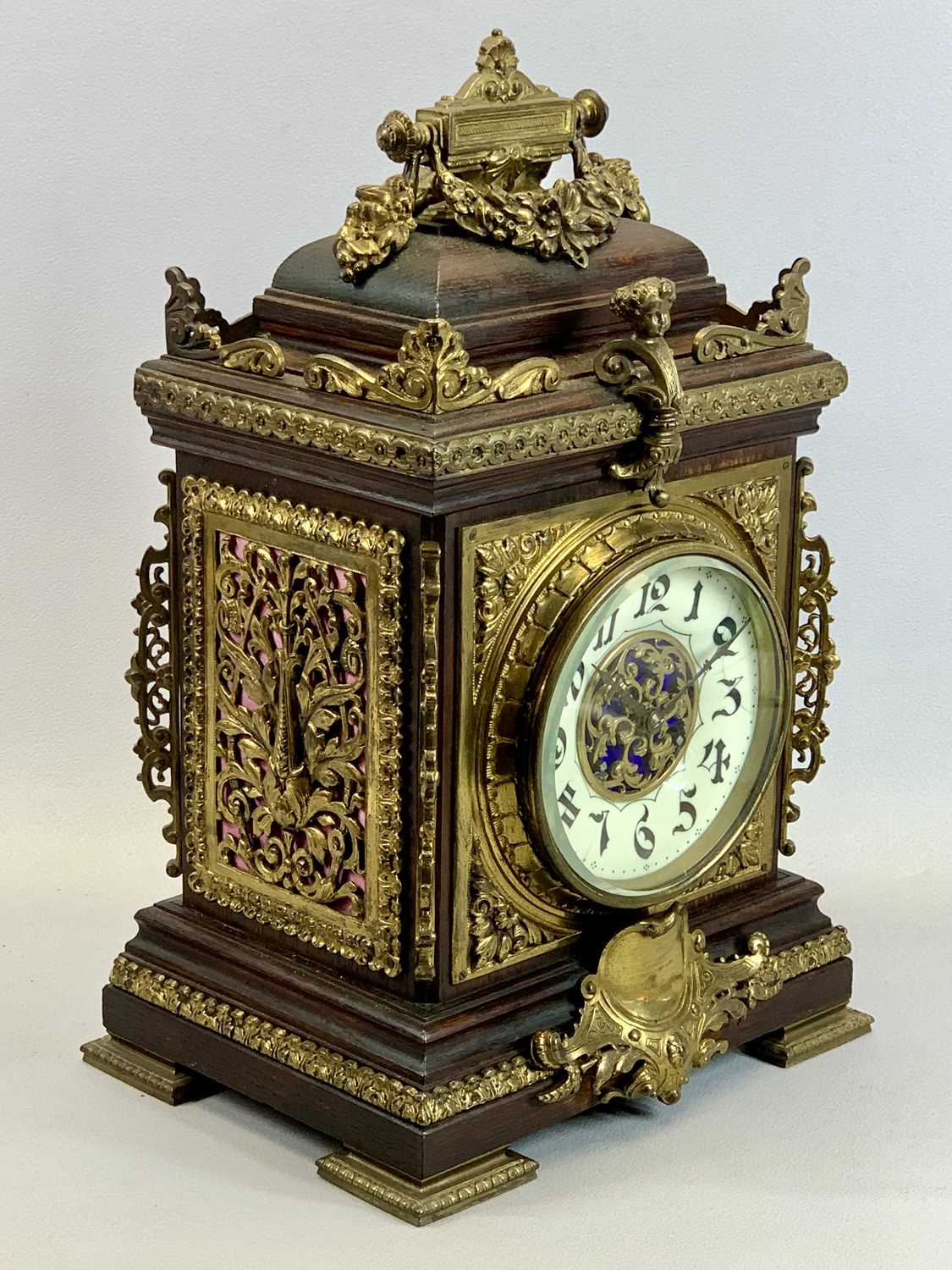 A FRENCH OAK & GILDED ORMOLU MOUNTED MANTEL CLOCK - late 19th Century, cream ceramic dial with black - Image 2 of 5