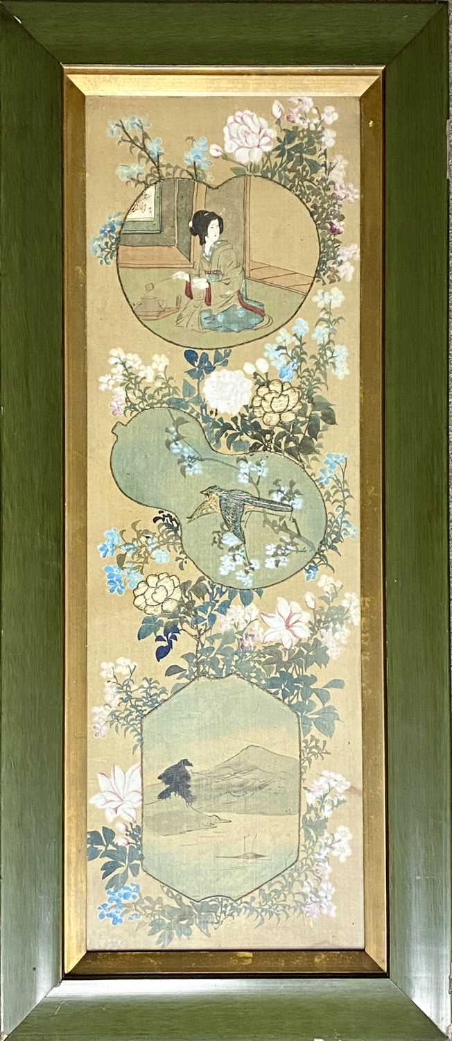 CHINESE WATERCOLOUR ON SILK - with embroidered details, panels of a female, bird and landscape