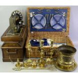 A SINGER HAND CRANK SEWING MACHINE in case, Serial No S2310187, Optima wicker picnic basket fitted