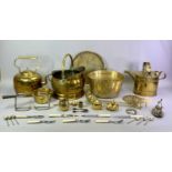 VICTORIAN OVAL BRASS HOT WATER CAN, 27cms H, an oval hammered brass kettle, 32cms H, brass helmet
