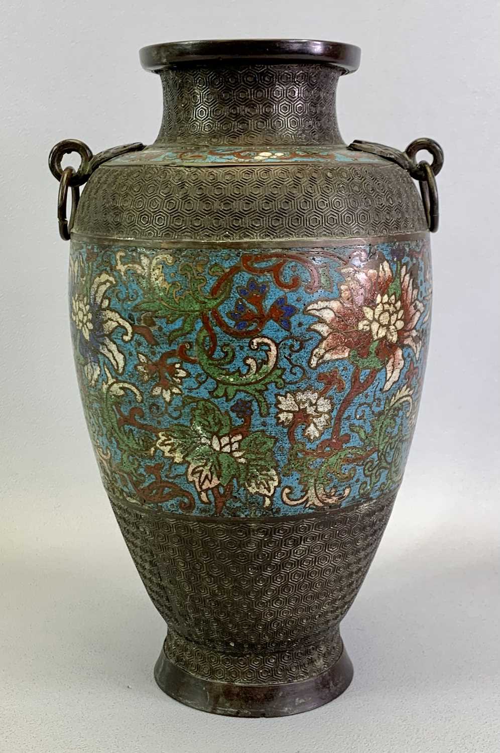 JAPANESE BRONZE CHAMPLEVE ENAMEL VASES, A PAIR - late 19th/early 20th century, of baluster form, - Image 3 of 3