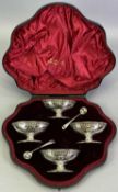 SET OF FOUR EDWARD VII PIERCED PEDESTAL SALTS & TWO SPOONS - in original fitted case, Sheffield