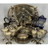 MIXED EPNS WARE - to include a four piece tea service on a non-matching oval pierced gallery tray,