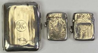 BIRMINGHAM SILVER CIGARETTE CASE & TWO VESTA CASES - the cigarette case having shallow ribbed