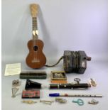 MUSICAL INSTRUMENTS - including ukelele, concertina with bone buttons, a Hohner Echo harmonica, ETC