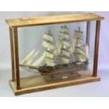 SCRATCH BUILT MODEL 3 MAST SHIP - in a wooden glass case, overall size 63cms H, 84cms W, 26cms D