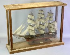 SCRATCH BUILT MODEL 3 MAST SHIP - in a wooden glass case, overall size 63cms H, 84cms W, 26cms D