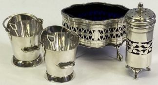 CHESTER SILVER & EPNS CONDIMENT ITEMS (4) - to include a shaped table salt with blue glass liner,