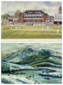 TERRY HARRISON colour print - Old Trafford, signed in pencil, 22 x 42cms and FRENCH oil on board,