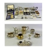 EPBM 3-PIECE TEA SERVICE of oval form with gadrooned decoration, the teapot with ebonised handle and