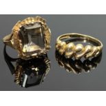 9CT GOLD RINGS (2) - one set with a facet cut rectangular smoky quartz, Size J, the other having a