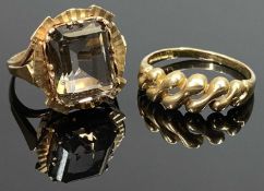 9CT GOLD RINGS (2) - one set with a facet cut rectangular smoky quartz, Size J, the other having a