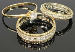 9CT GOLD PASTE SET RINGS (3) - to include a coronet mount solitaire, Size T, a full eternity ring