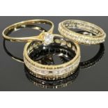 9CT GOLD PASTE SET RINGS (3) - to include a coronet mount solitaire, Size T, a full eternity ring