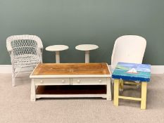 PAINTED FURNITURE (6) - to include a part stripped back coffee table with two lower drawers and