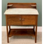 MAHOGANY & WHITE MARBLE TOP WASHSTAND - wooden splashback with upper shelves, twin cupboard doors