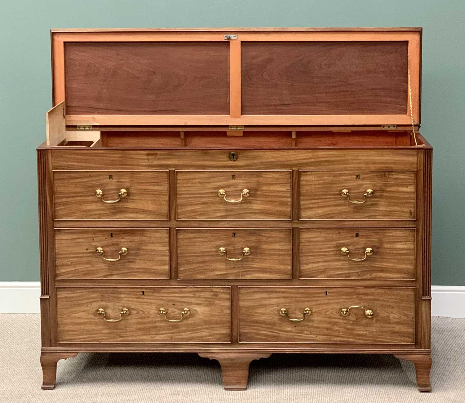 19th CENTURY QUALITY MAHOGANY LANCASHIRE MULE CHEST - the railback top with hinged lifting lid, - Image 2 of 6