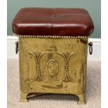 REGENCY STYLE BRASS COALBOX - with leather effect seat, repousse detail to the front and side ring