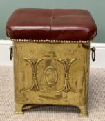 REGENCY STYLE BRASS COALBOX - with leather effect seat, repousse detail to the front and side ring