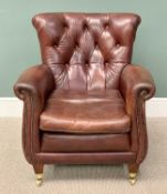 QUALITY REPRODUCTION SOFT BROWN LEATHER ARMCHAIR - having a button upholstered back, scroll arms and