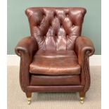 QUALITY REPRODUCTION SOFT BROWN LEATHER ARMCHAIR - having a button upholstered back, scroll arms and