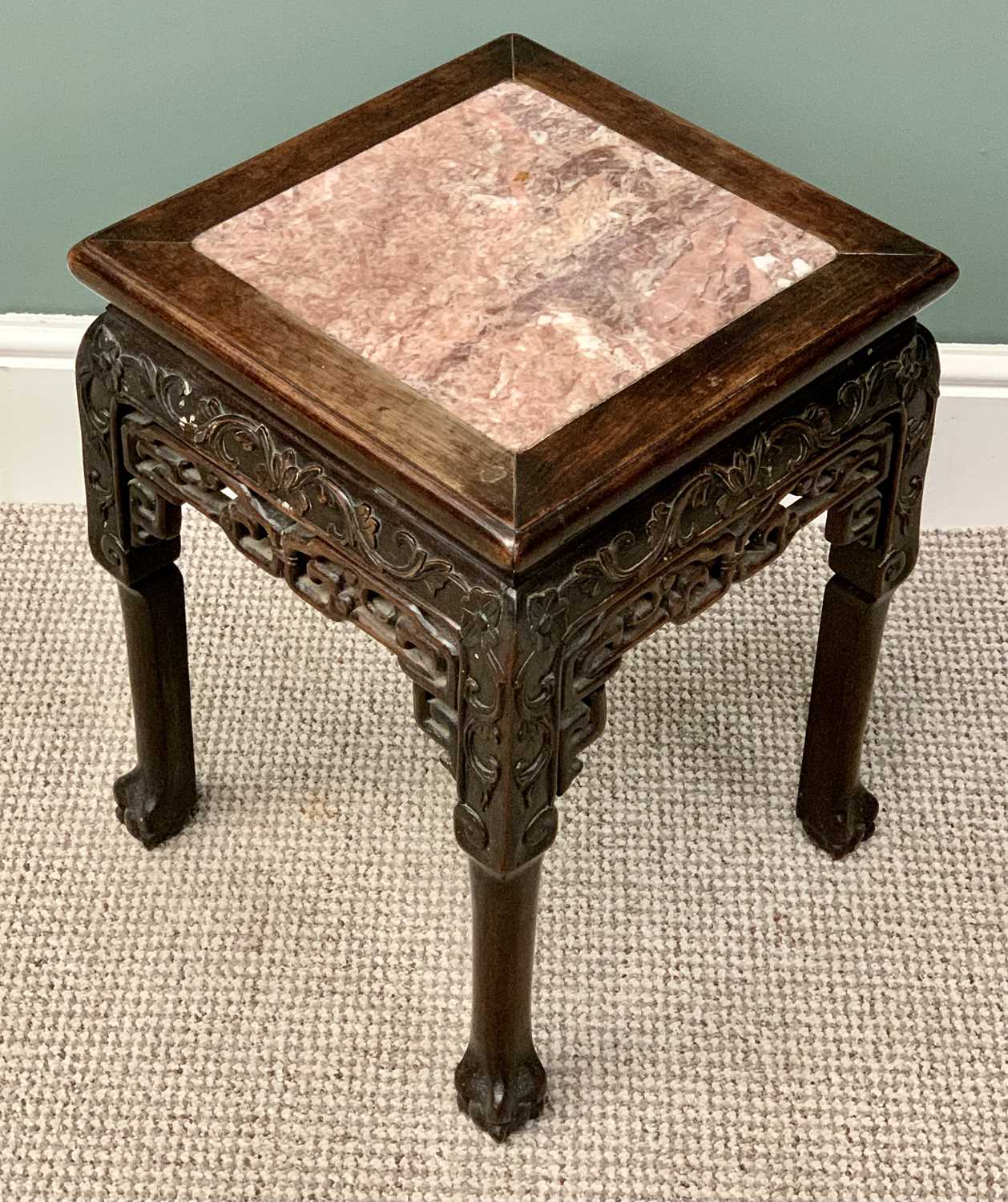 CHINESE CARVED HARDWOOD MARBLE TOPPED STAND - having fretwork lower detail, on ball and claw - Image 3 of 3