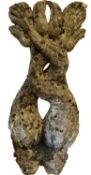 RE-CONSTITUTED STONE ENTWINED MYTHICAL DOLPHINS GARDEN ORNAMENT - 63cms H, 36cms W