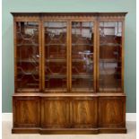 GOOD REPRODUCTION MAHOGANY BREAKFRONT BOOKCASE - having a decorative cornice over four astragal