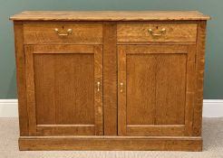 VINTAGE GOLDEN OAK SIDEBOARD BASE - having two drawers and two lower cupboard doors, with brass swan