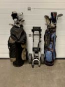 GOLFING INTEREST - two gold caddy bags and a Slazenger pull trolley, the bags containing a varied