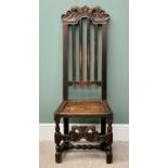 CAROLEAN STYLE ANTIQUE OAK HIGH BACK HALL CHAIR - the slatted back with carved crest rail and