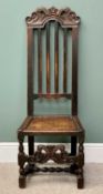 CAROLEAN STYLE ANTIQUE OAK HIGH BACK HALL CHAIR - the slatted back with carved crest rail and