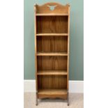 ARTS & CRAFTS STYLE NARROW OAK BOOKSHELVES - 116cms H, 38cms W, 23cms D