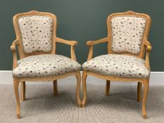 REPRODUCTION FLORAL UPHOLSTERED & LIGHT WOOD ARMCHAIRS - a pair, with attached "Stewart Jones"