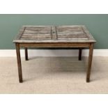 TEAK SLATTED GARDEN TABLE - having a rectangular top on square supports, 74cms H, 122cms L, 90cms W