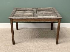 TEAK SLATTED GARDEN TABLE - having a rectangular top on square supports, 74cms H, 122cms L, 90cms W